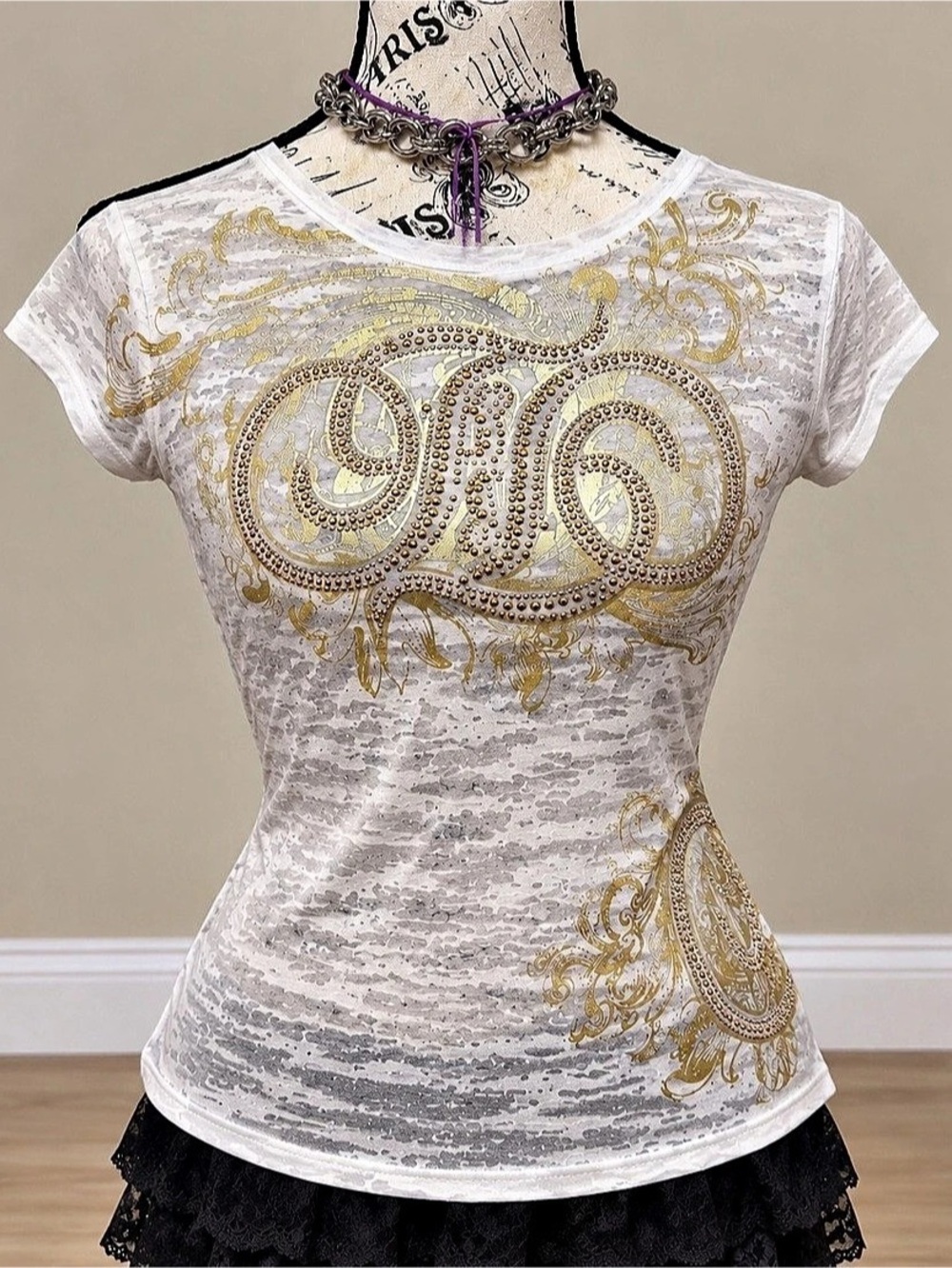 Fashion Victim Embellished Short Sleeve Tee in White & Gold Like New